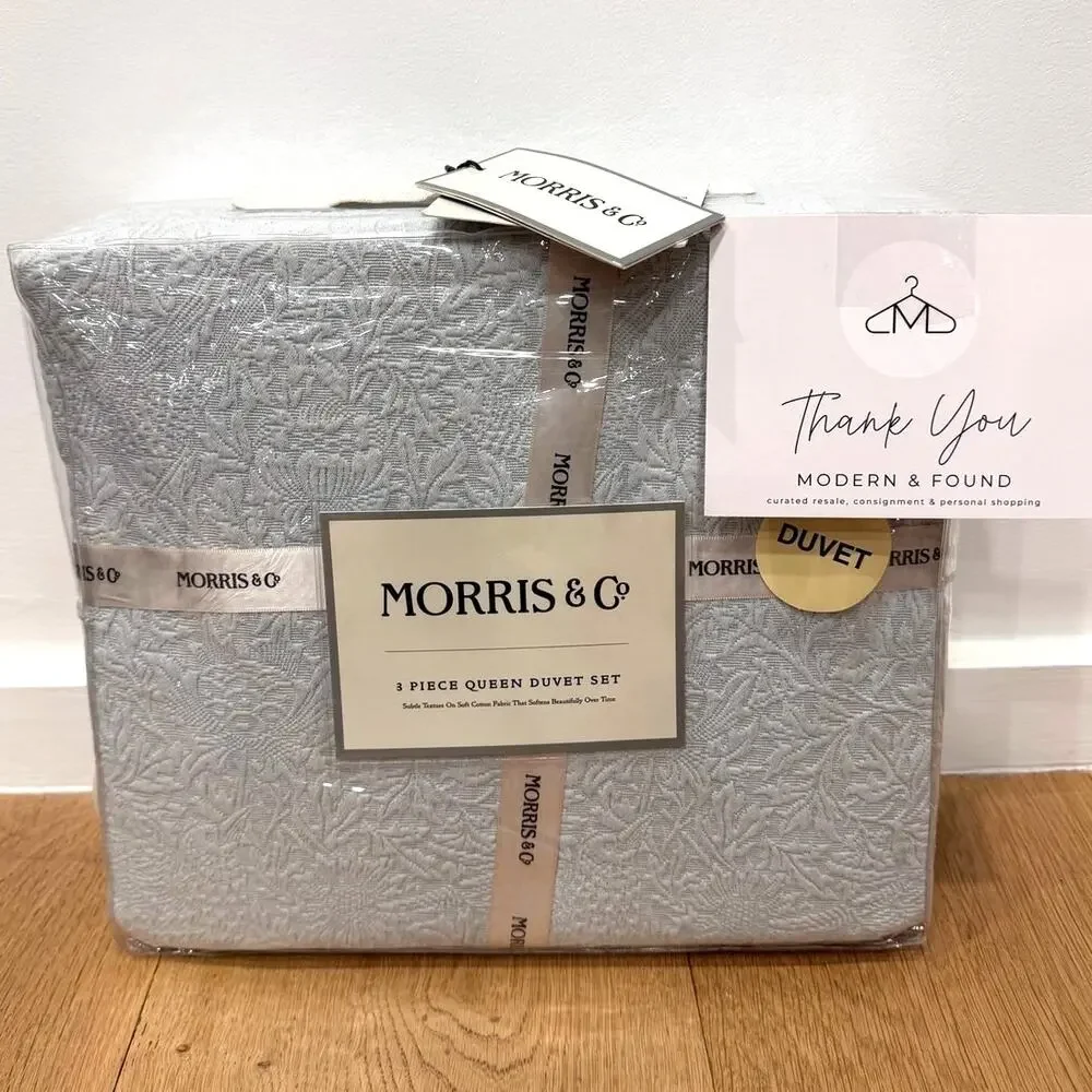 NEW Morris & Co. 3 Piece QUEEN Duvet Set Light Blue Textured Cotton Bedding